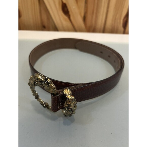 TALBOTS Brown Embossed Leather Belt w/Decorative Gold Buckle Made In Italy Sz M - Picture 2 of 5